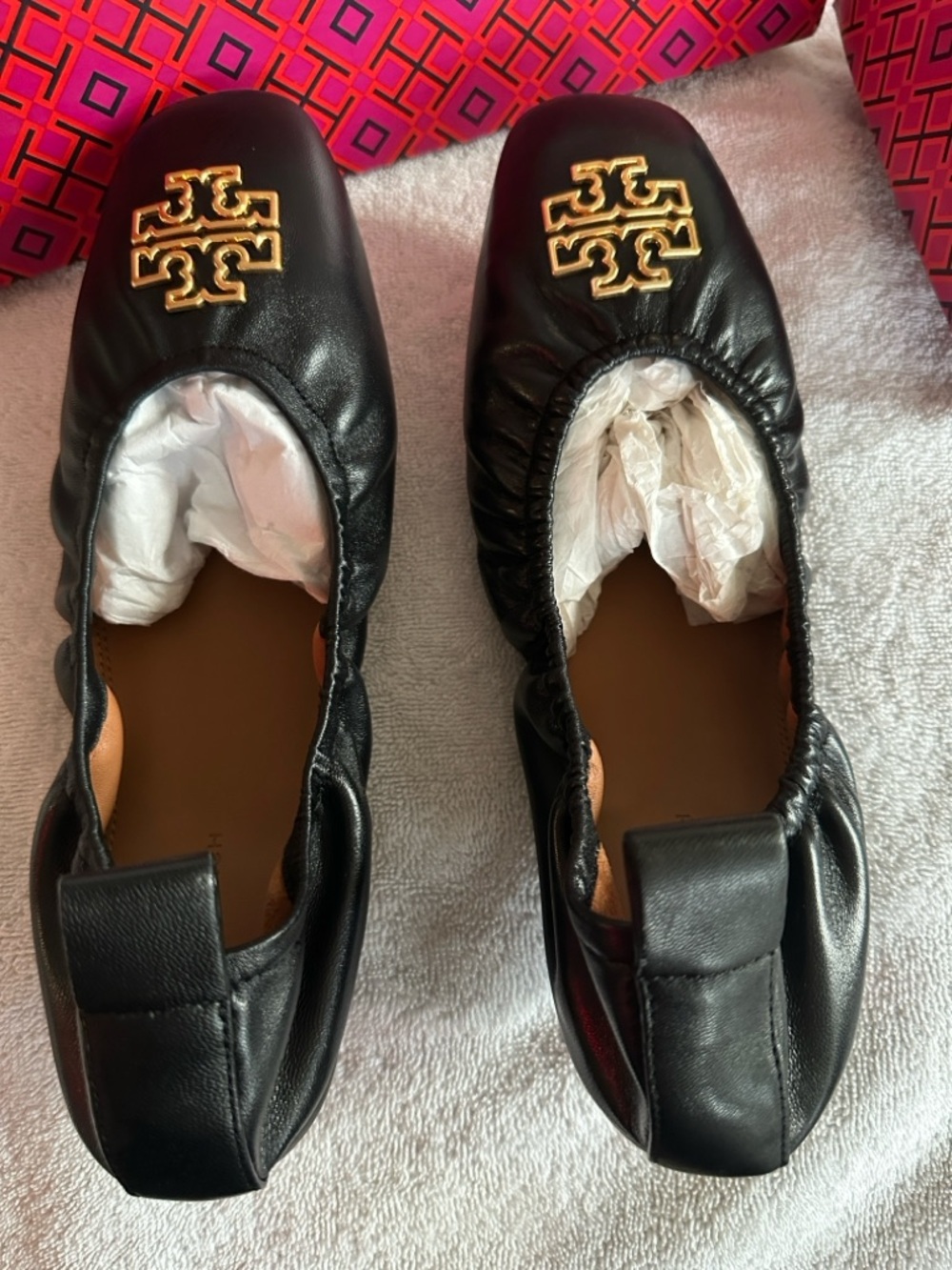 Tory Burch Black Leather Ballet Flats with Gold Logo